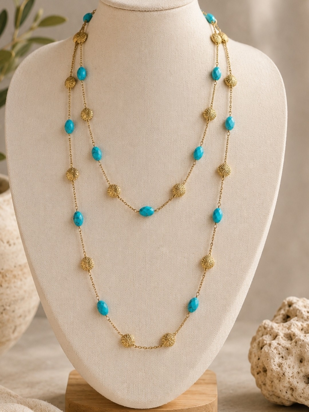 Turquoise Bead & Gold Station Long Necklace - Women Jewelry